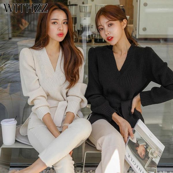 

withzz spring autumn elegant lacing v-neck thick split sweater pullover knitting sweater1, White;black