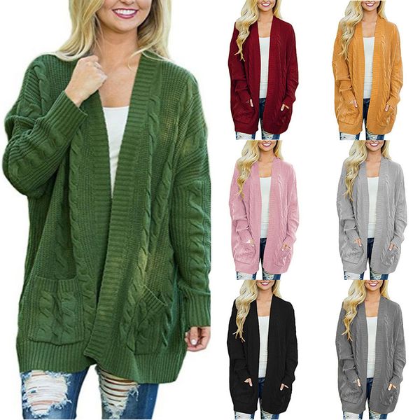 

2020 new explosion women's medium and long style big size double pocket twist knitted cardigan loose women sweater, White;black