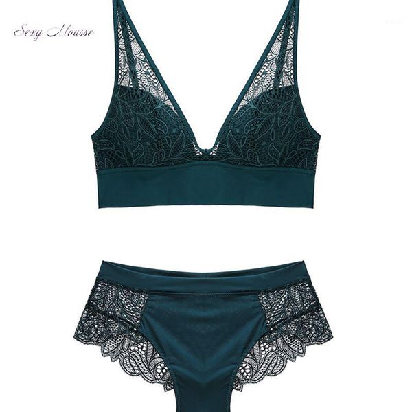 

mousse wireless women underwear bra and pantie sets lace floral design thin soft cup young girl green black new1, Red;black