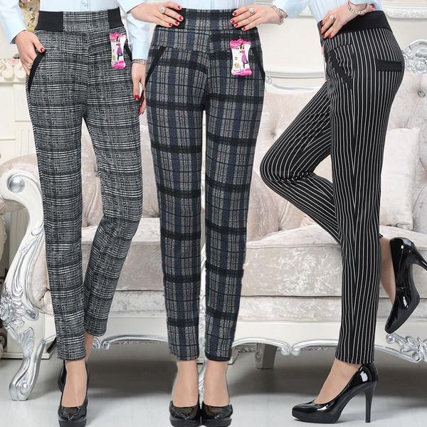 

large size 2018 autumn women grid pants sweat plus mother pants slim high waist stretch pencil pants female trousers, Black;white