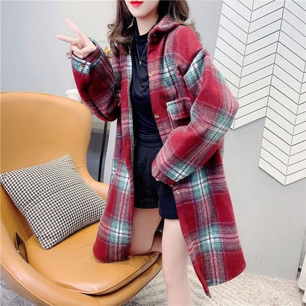 

korean red plaid oversize thick wool coat women streetwear long leeve vintage outerwear loose ladies lapel long shirts coats, Black