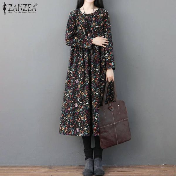 

zanzea vintage women floral printed sundress spring bohemian long sleeve cotton linen midi dress casual retro vestido kaftan, Black;gray