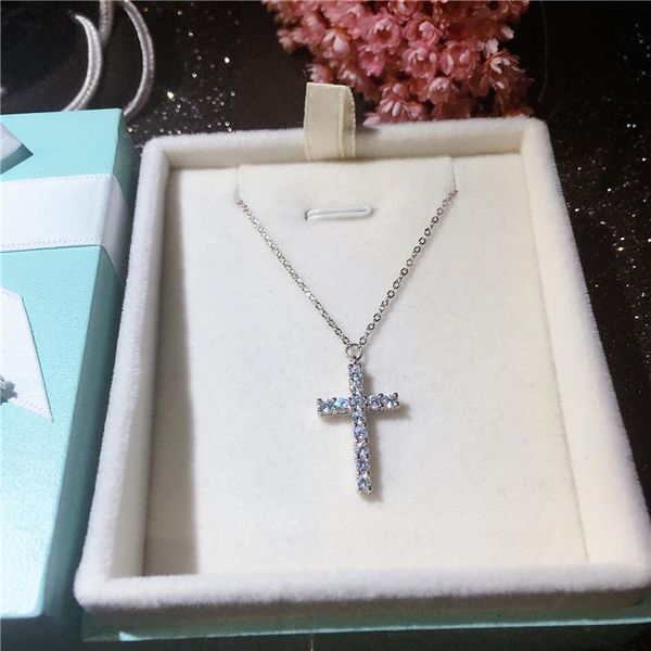 

pendant necklaces fashion religious belief cross full sparkling zircon decorative real 925 sterling silver chain necklace for women