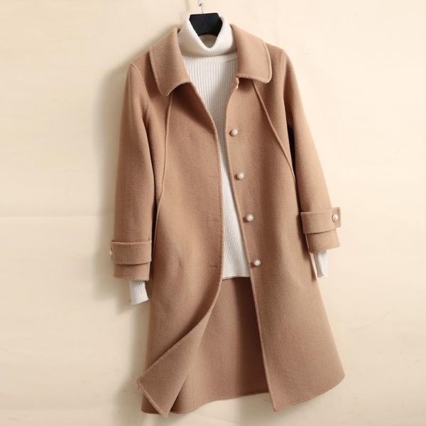 

double sided wool coat women medium long doll collar wool jacket cashmere autumn winter elegant office lady outwear1, Black