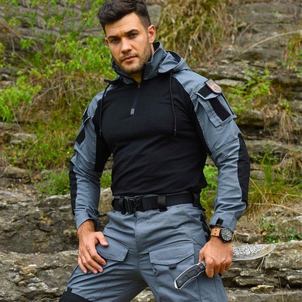 

gym clothing men outdoor camouflage tactical frog shirt sets breathable wear-resistance climbing training shooting hooded pants1, White;black