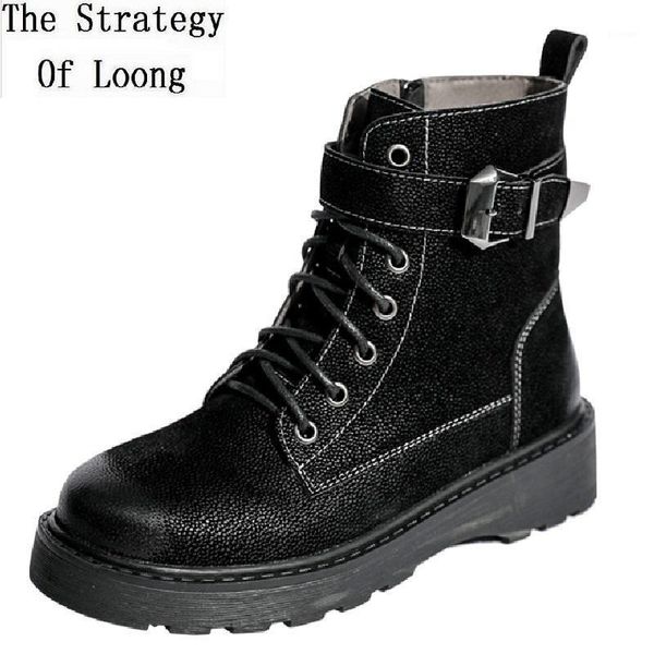 

boots retro spring autumn women ankle equestrian winter ladies plush lace-up metal buckle booties short knight 1911281, Black