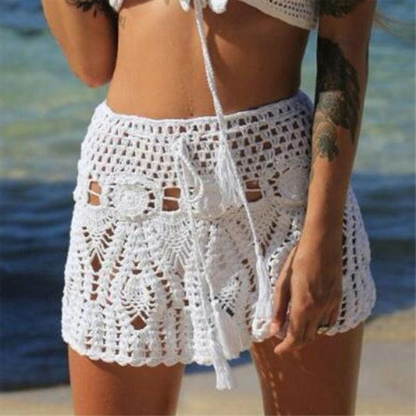 

women summer beach crochet skirt cover up swimwear bathing suit wrap mini knit skirts, Black