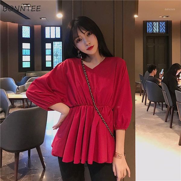 

shirts women chiffon elegant korean style comfortable simple solid loose womens clothing trendy leisure v-neck all-match summer1, White