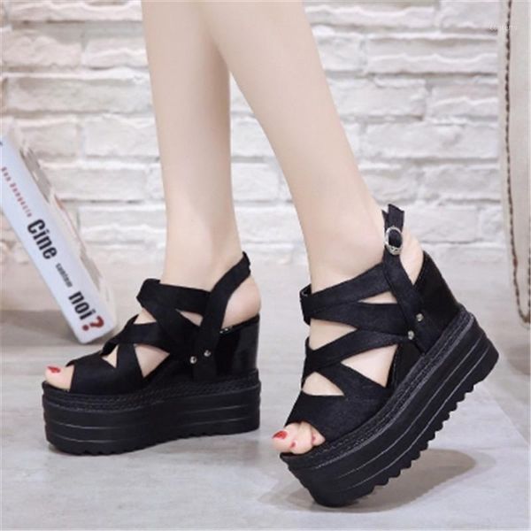 

2020 summer fashion leather wedges female sandal chunky sandals for woman shoe high heels gladiator sandals women platform shoes1, Black