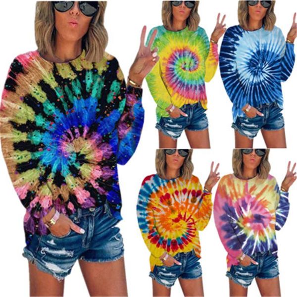 

ladies tie dye pattern t-shirts fashion trend long sleeve round neck thin tee designer female autumn new split loose casual tshirts, White