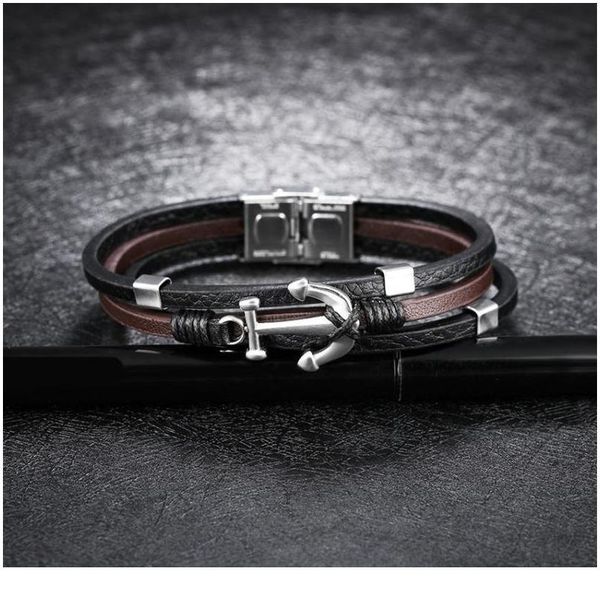 

anchor three layer brown black genuine leather bracelet for men anch jlllbt