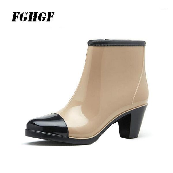 

boots fashionable zipper rain women spring and summer anti-slip high heel shoes short barrel waterproof overshoes1, Black