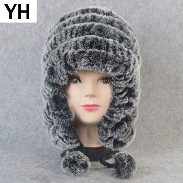 

россии зима натурального меха earflap hat женщины вязаные genuine rex rabbit fur skullies cap diy теплый мягкий шерсти кролика rex шапочки c, Blue;gray