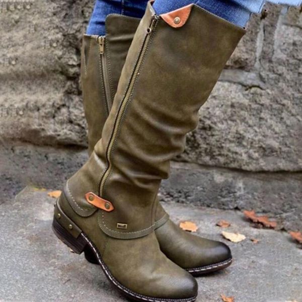 

calf mid women's boots vintage british pu leather shoes woman low heel zip sewing ladies fashion retro long boots women, Black
