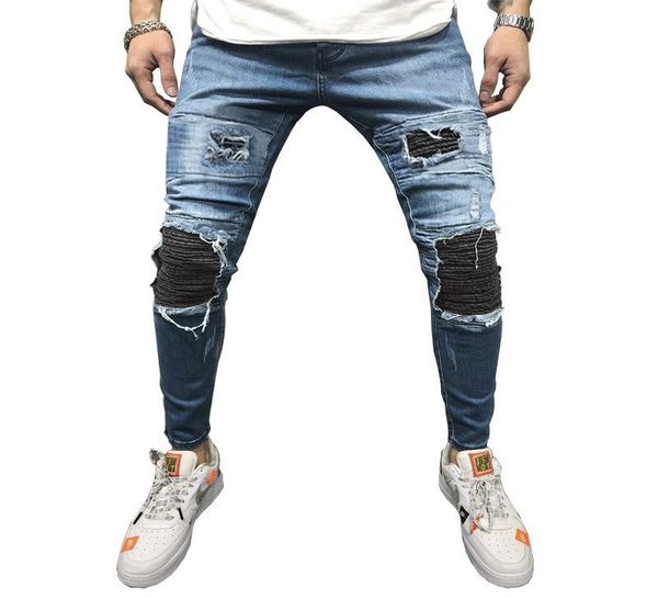 

men's jeans 2021 hole slim trousers denim casual men straight cotton pants, Blue