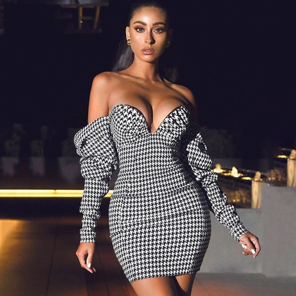 

senhoras 2021 novas strapless drape moda houndstooth padro design celebridade clube mini bandagem vestido 2y81, Black;gray
