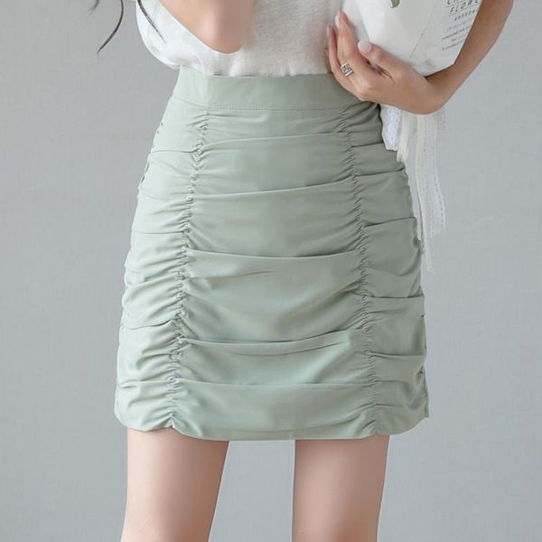 

skirts summer korean version of the high-waisted thin hip skirt female folds wild a-line, Black