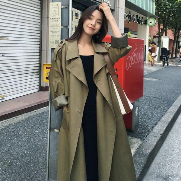 

ewq] autumn 2020 new ladies mid-length windbreaker army green lapel belt double breasted fashion coat jacket women qb0221, Tan;black