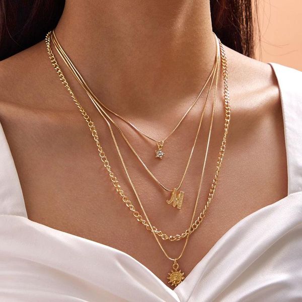 

tocona vintage multilayer letter m sun pendant necklace crystal star chains necklaces for women gold color jewelry party 13381, Silver