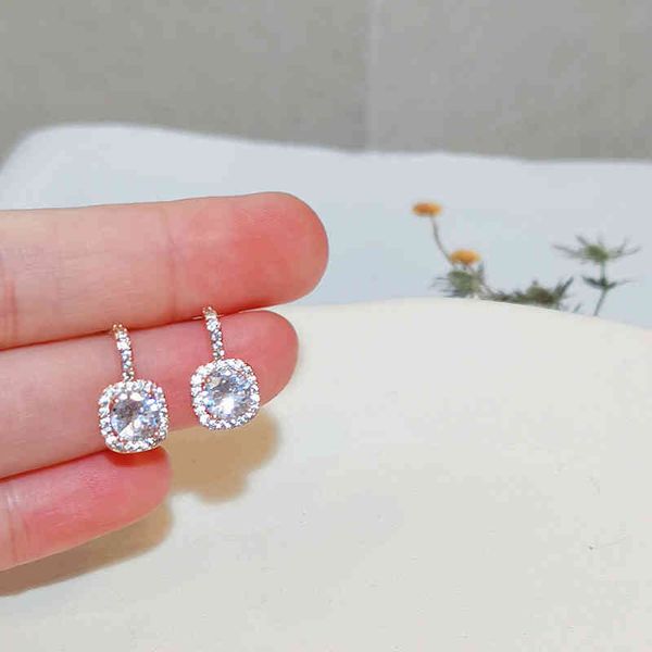

luxury female crystal zircon stone earrings classic charm square silver color stud earring wedding party jewelry, Golden
