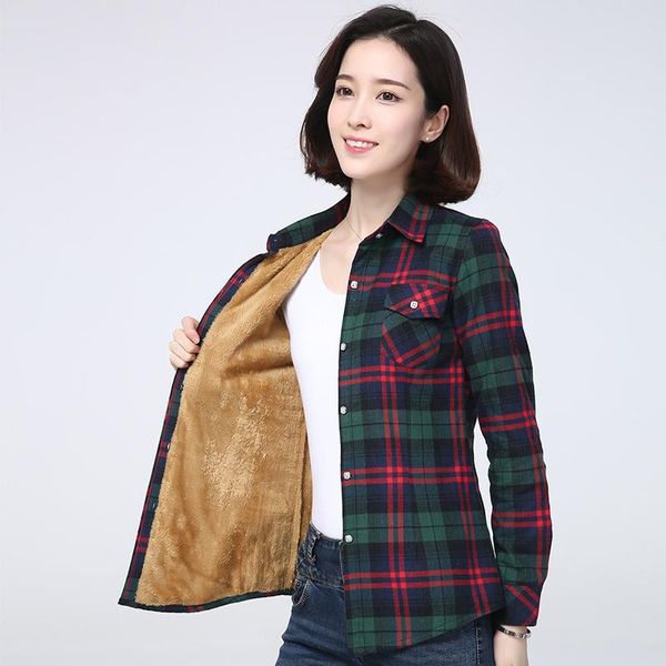 

women's blouse fashion brand autumn winter plus velvet warm women's plaid shirt casual shirt collar short sleeve, White