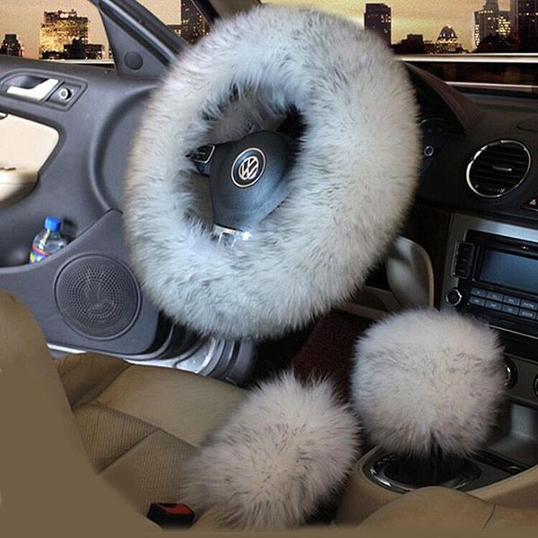

3pcs/set winter wool car steering wheel cover plush long australian wool heated genuine leather steering-wheel cover