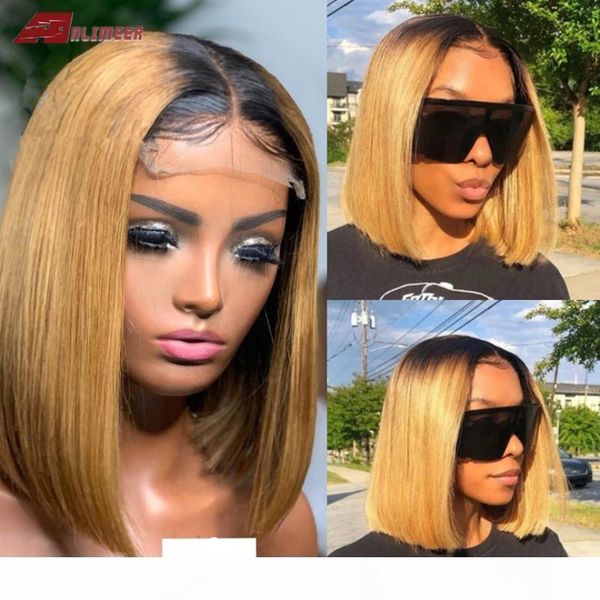 

150% honey blonde color t part 13x6x1 lace front human hair wig short bob hair brazilian remy preplucked bleached knots, Black;brown