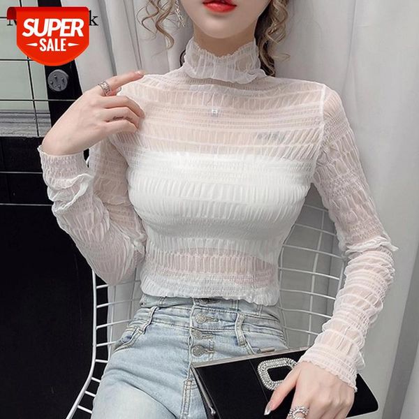 

fashion white shirt women high elastic mesh lace blouse women 2021 new casual pleated womens shirts slim mujer 10458 #0a2x