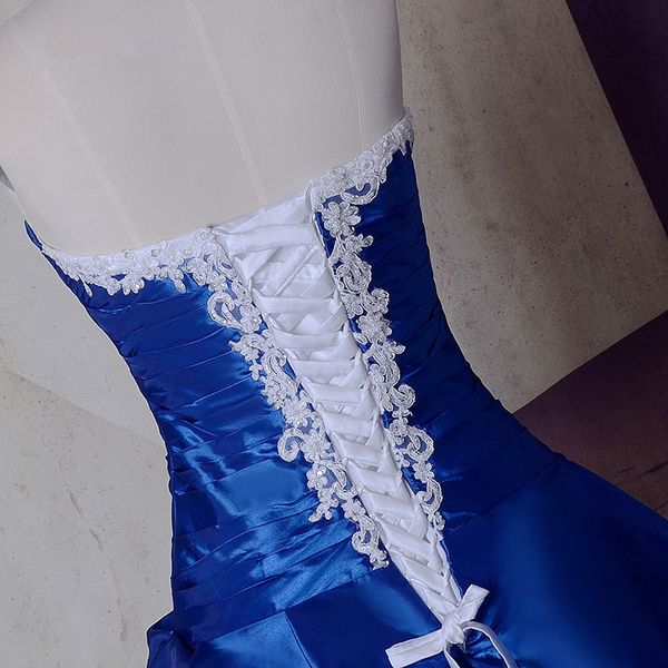 Immagine reale brillante Nuovo bianco e blu royal Abito da sposa A Line 2019 Pizzo Taffetà Appliques Abito da sposa Perline Cristallo su misura F200c