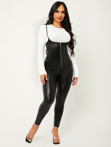 

zipper front pu leather unitard jumpsuit r8jg#, White