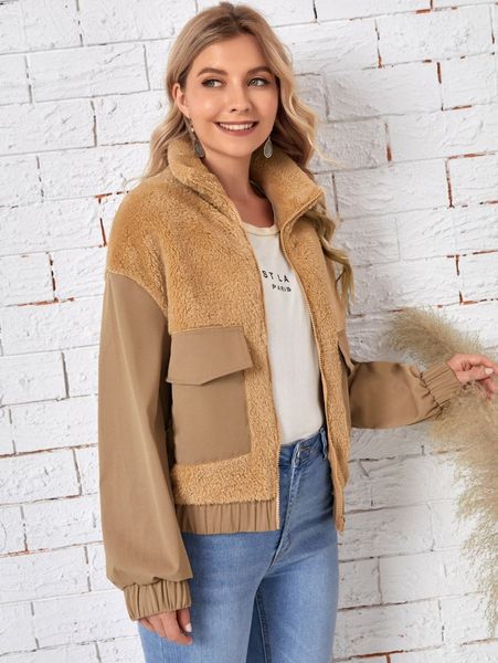 

emery rose drop shoulder flap pocket teddy jacket i0kh#, Black;brown