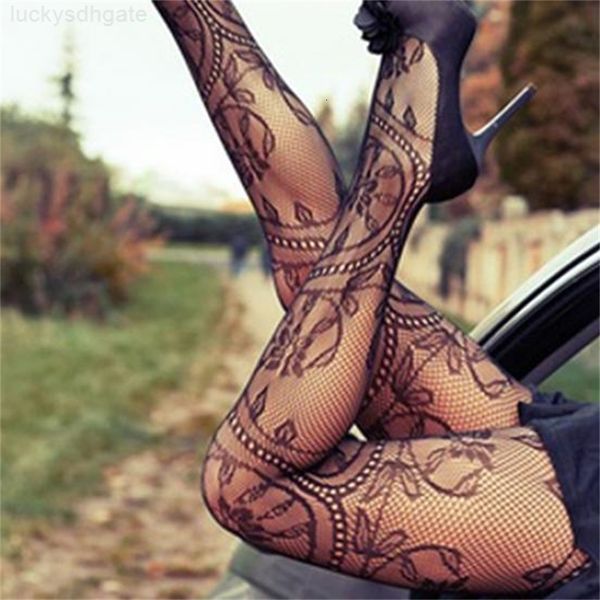 

lace women hollow tights black tattoo printing pantyhose elastic fishnet stockings c18122201, Black;white