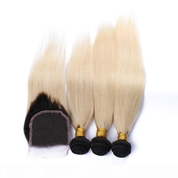 

malaysian blonde ombre human hair with closure #1b 613 blonde weaves with 4x4 lace closure straight two tone 3bundles with closure, Black