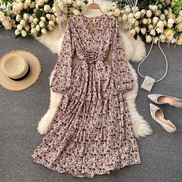

2021 new floral singiny, sweet girly dress, puff neck, lace up, fall line bohemian frilly impression, dress qi2l, Black;gray
