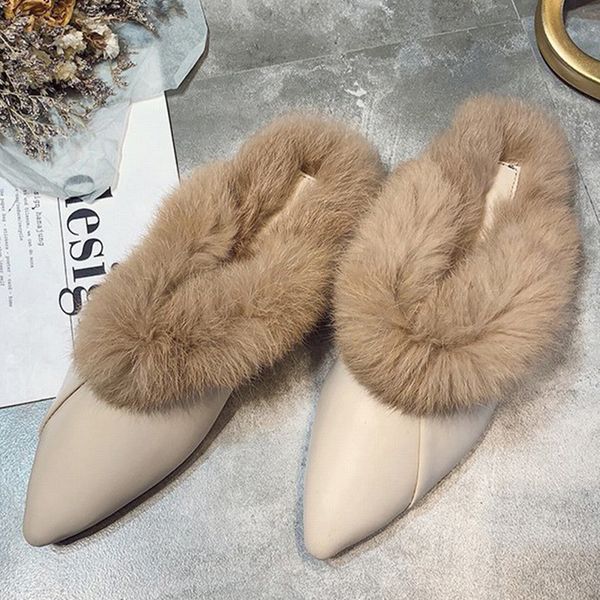 

women furry slippers autumn 2020 fashion pointed toe mules for woman ladies warm fur casual flats women's shoes female footwear x1020, Black