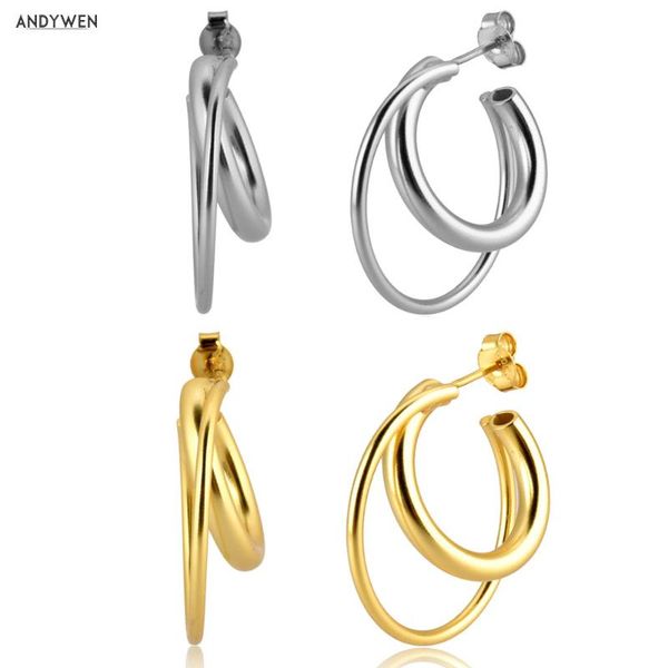 

andywen 925 sterling silver 25mm big cross circle hollow hoops round piercing earring for 2020 fashion fine luxury jewelry, Golden;silver