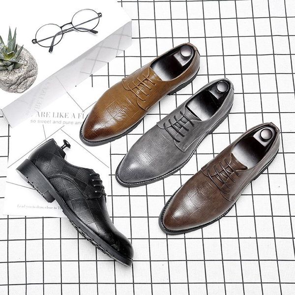 

reetene business office lace-up loafers vintage men leather shoes formal flats men wedding shoes casual oxford footwear, Black