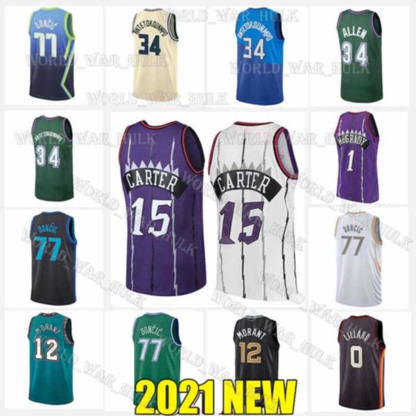 

vince 15 carter ja 12 morant jerseys 77 doncic giannis 34 antetokounmpo ray luka allen damian 0 lillard tracy 1 mcgrady 2021 basketball, Black;red
