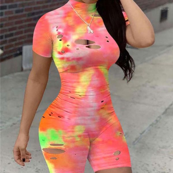 

women's tie dye rip bodycon rompers casual short sleeve bodysuits playsuits1, Black;white