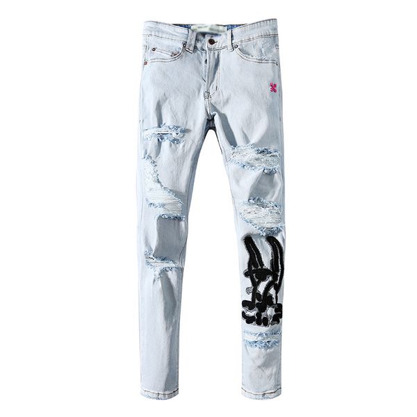 

off black white high street ins hip hop pants hole embroidery jeans men