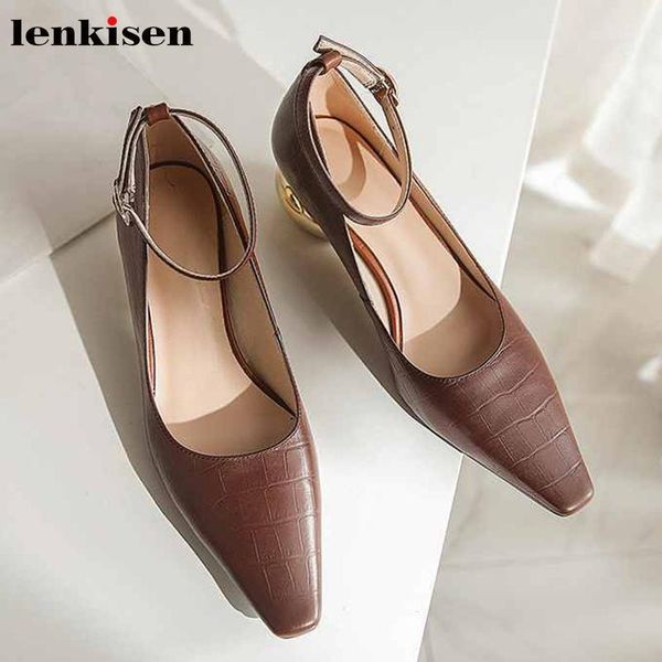 

lenkisen new genuine leather vintage print shoes small square toe metal med heels buckle straps fashion women elegant pumps l051, Black