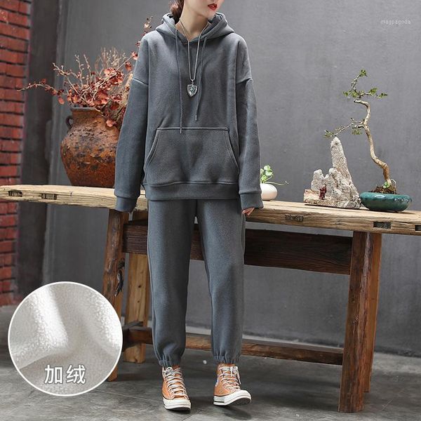 

casual clothing new style 2 piece women's suit winter warm long sleeve hoody thickened sports sweatshirt plus size sweatshirt1, Gray
