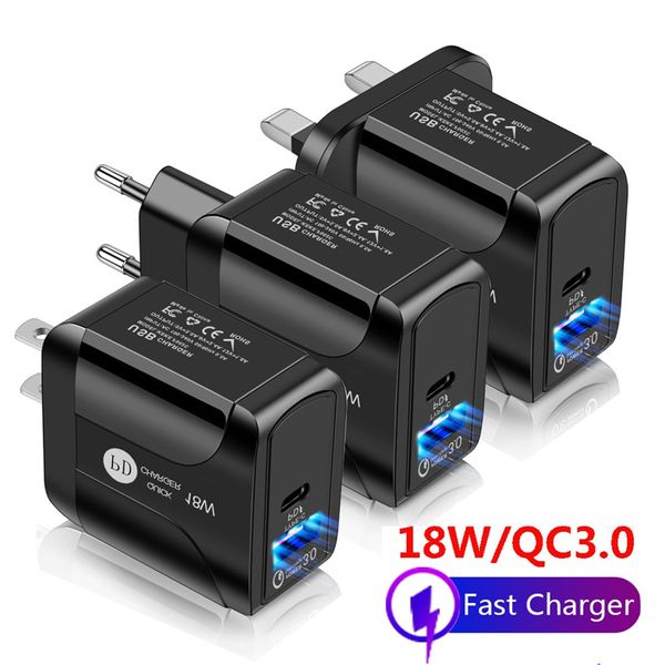 Smart Fast Quick Charger 18W PD Type C PD EU US UK AC AC AC AD ADAPTER Зарядное устройство для Huawei Samsung S10 S20 HTC Android Phone ПК