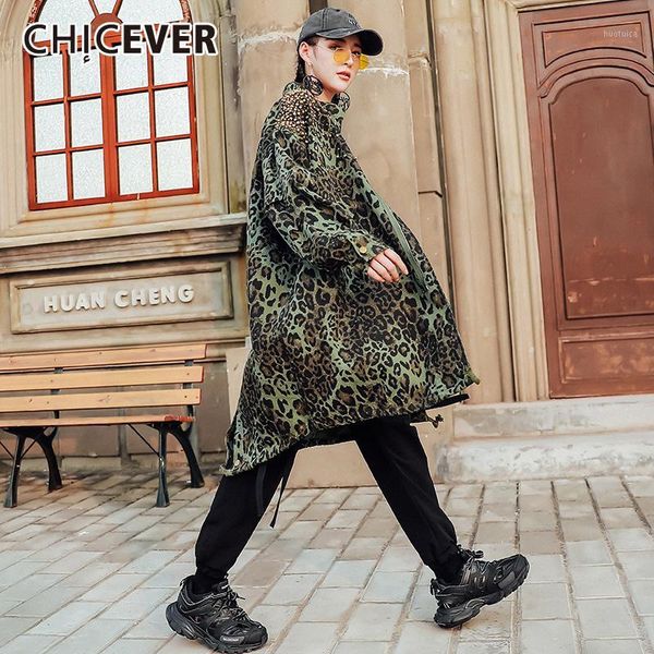 

chicever vintage leopard lace up bowknot jacket women lapel collar long sleeve hit color trench female 2020 new fashion clothes1, Tan;black