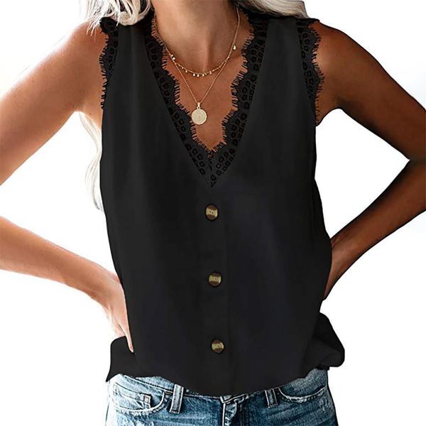 

vintage lace button blouse shirt 2020 summer sleeveless chiffon blouse v neck women shirts casual loose chemise white black