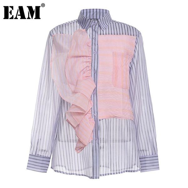 

eam] women purple striped ruffles big size blouse new lapel long sleeve loose fit shirt fashion tide spring autumn 2021 1da833, White