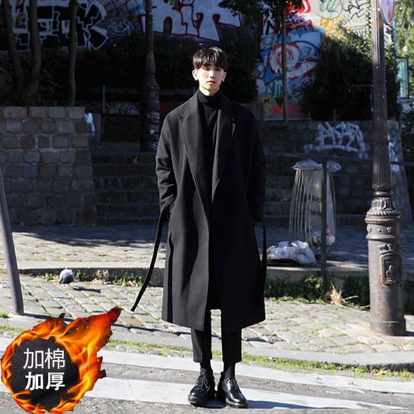 

autumn and winter woollen windbreaker long knee korean tweed men's medium length youth loose wool overcoat fashion, Tan;black