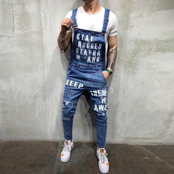

men's jeans sokotoo men's slim letters printed holes ripped stretch denim bib overalls fashion distressed suspenders jumpsuits1, Blue