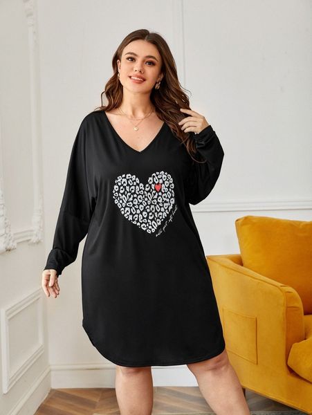 

plus leopard & heart print drop shoulder sleep dress t8sj#, Black;white