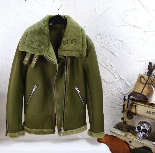 

avocado green entirely natural sheep fur luxury goods oblique zipper women's warm coat1, Black